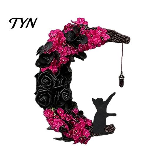 Indoor Dark Theme Soft Furnishings Halloween Black Cat Moon Wreath, Gothic Crescent Grapevine Wreath with Style Holiday Home Accents Rose Flowers,
