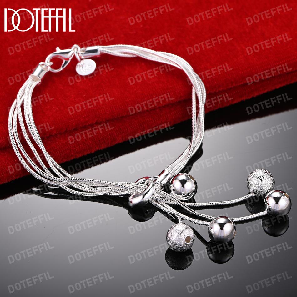 925 Sterling Silver Multi Snake Chain Frosted Smooth Bead Pendant Bracelet Fashionable Wedding Jewelry