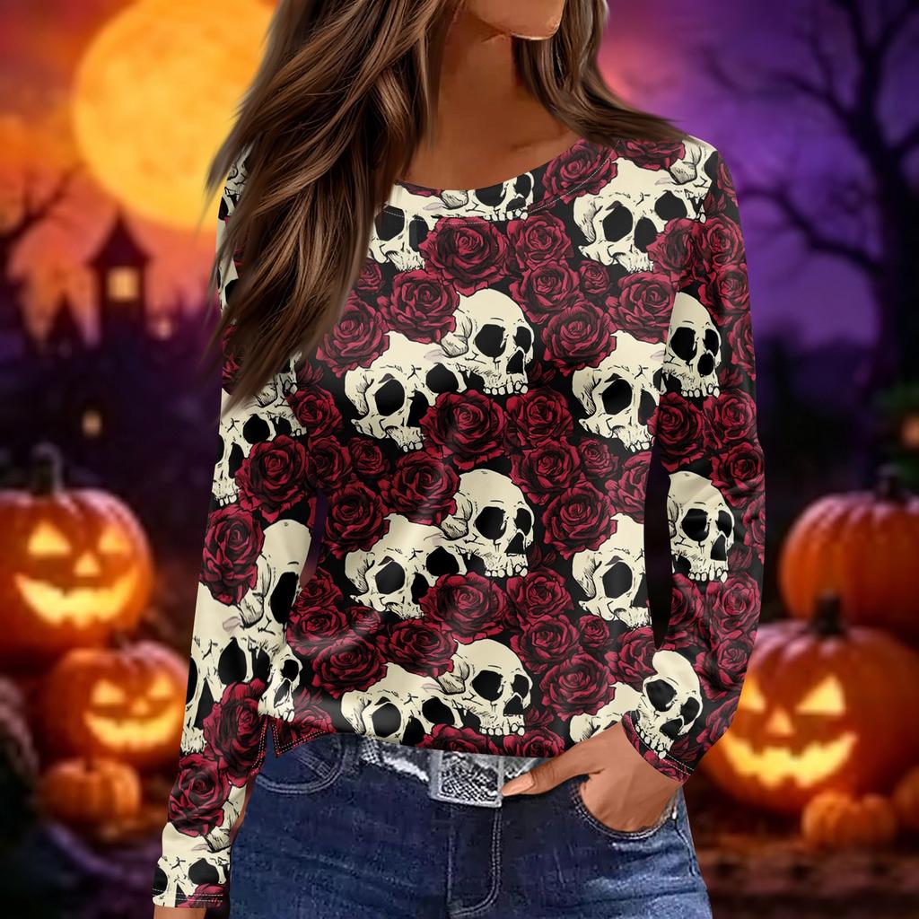 Women's Fashion Print Long Sleeve Top with Round Neck and Side Slits