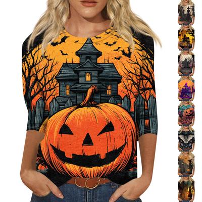 Women's Fashion Casual Round Neck Three-quarter Sleeve Halloween Printed T-shirt Top