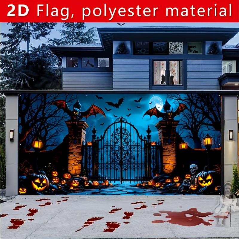 2D flat banner 1PC Large Halloween garage Door Decorative Banner - Ghost Cemetery scene with pumpkin lantern design