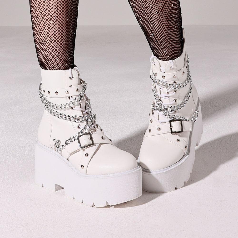 Gothic Y2K Women'S Ankle Boots Platform Chunky High Heels Rivet Metal Chain Decor Thick Sole Motorcycle Short Boots For Women Fa