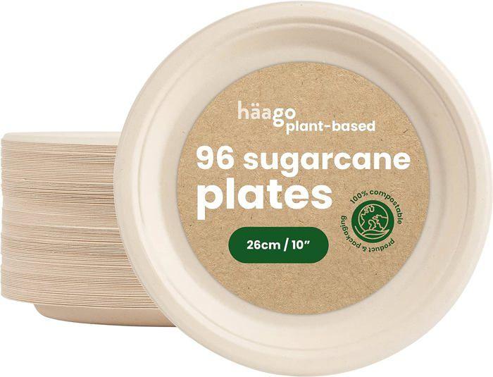 96 Assiettes En Bagasse De Canne À Sucre - Haago - Biodégradable, Écologique & Compostable (Rond 26 CM)