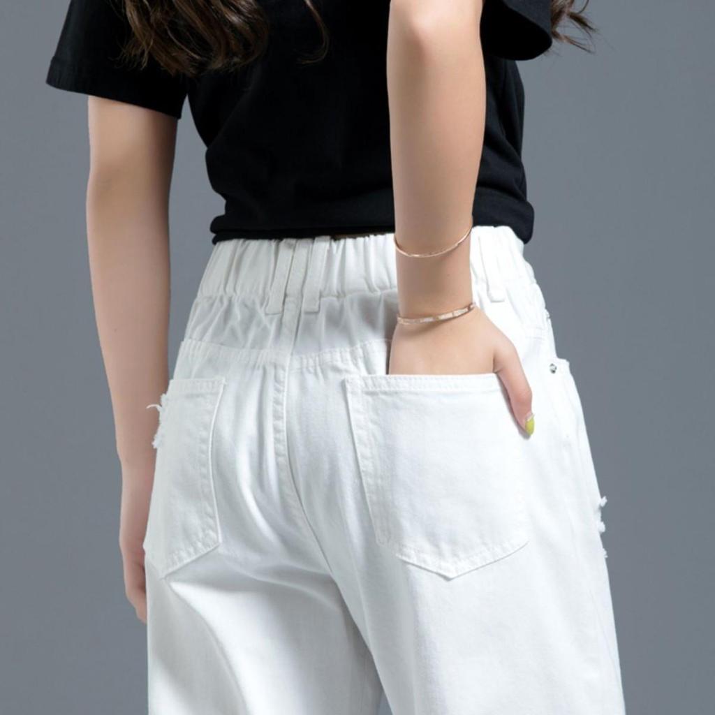 Women's High Waist White Ripped Jeans - Spring 2026 Slimming Cropped Narrow Fit Harem Style