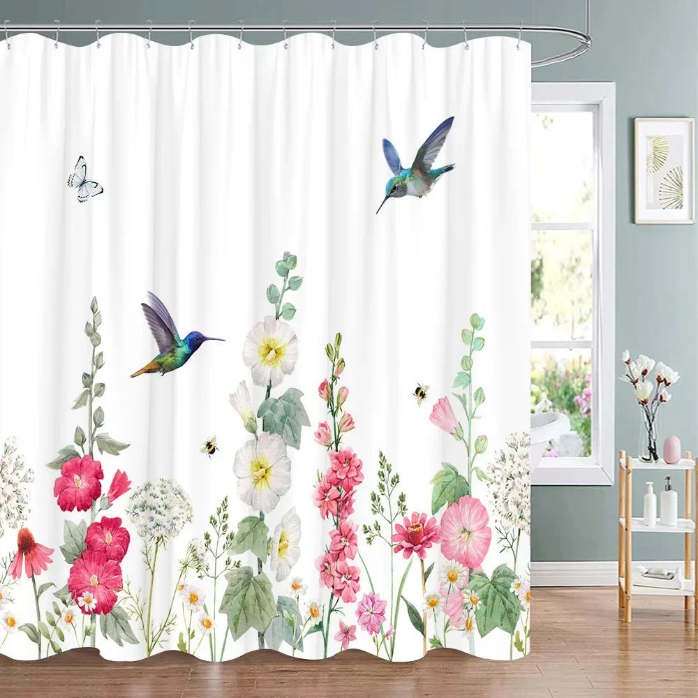 Tropická Zeleň Květinová Sprchová Závěs Kolibřík Motýl List Polyesterová Tkanina Omyvatelné Sprchové Závěsy Koupelnová Dekorace