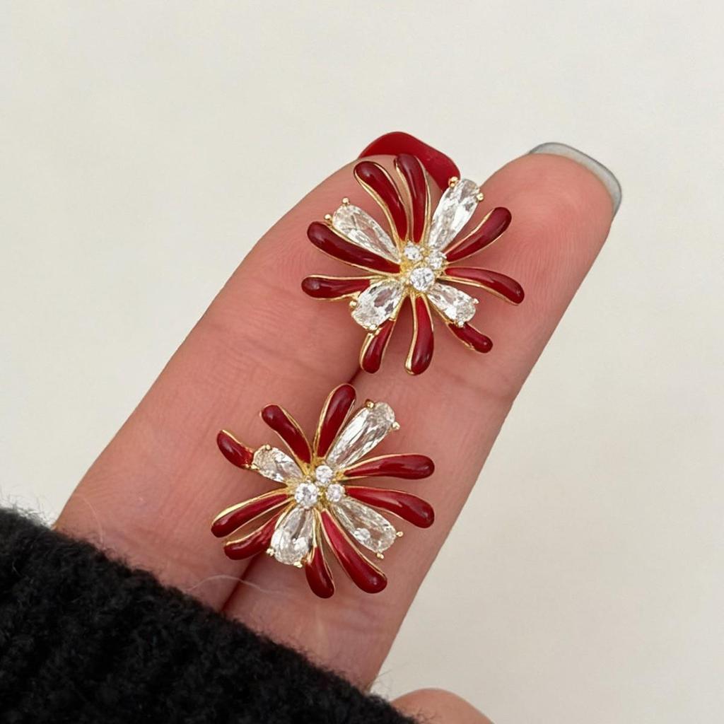 Korean Style Retro Zirconia Firework Stud Earrings, Fashionable Red Design, Light Luxury New Year Accessory for Women