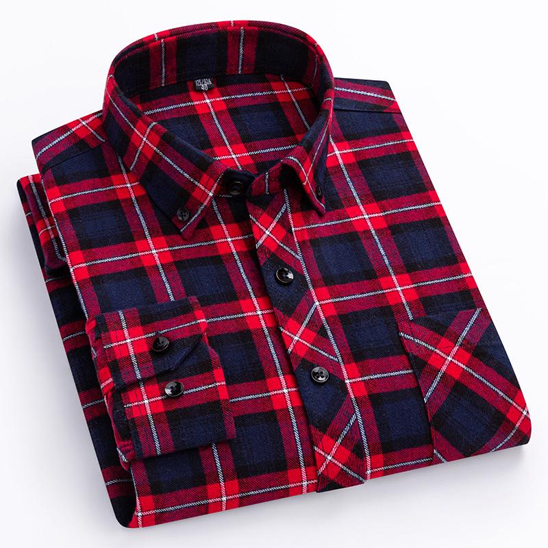 Men's Plus Size Pure Cotton Brushed Plaid Long Sleeve Shirt - Business Casual & Breathable