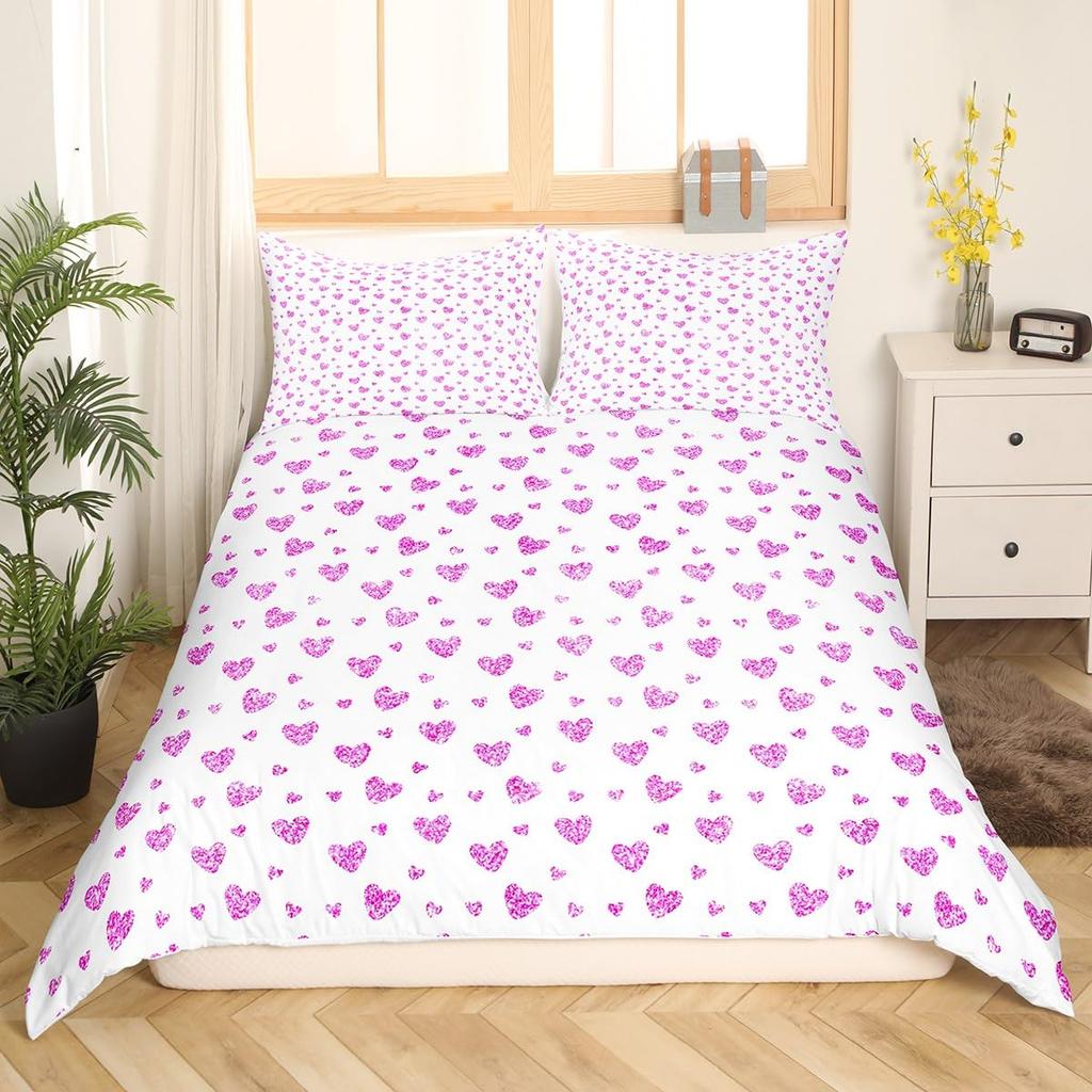 Valentinstag Bettwäsche Set Doodle Stil Kleines Herz Bettbezug Lila Rot Bettdeckenbezug Liebe Thema Polyester Steppdeckenbezug