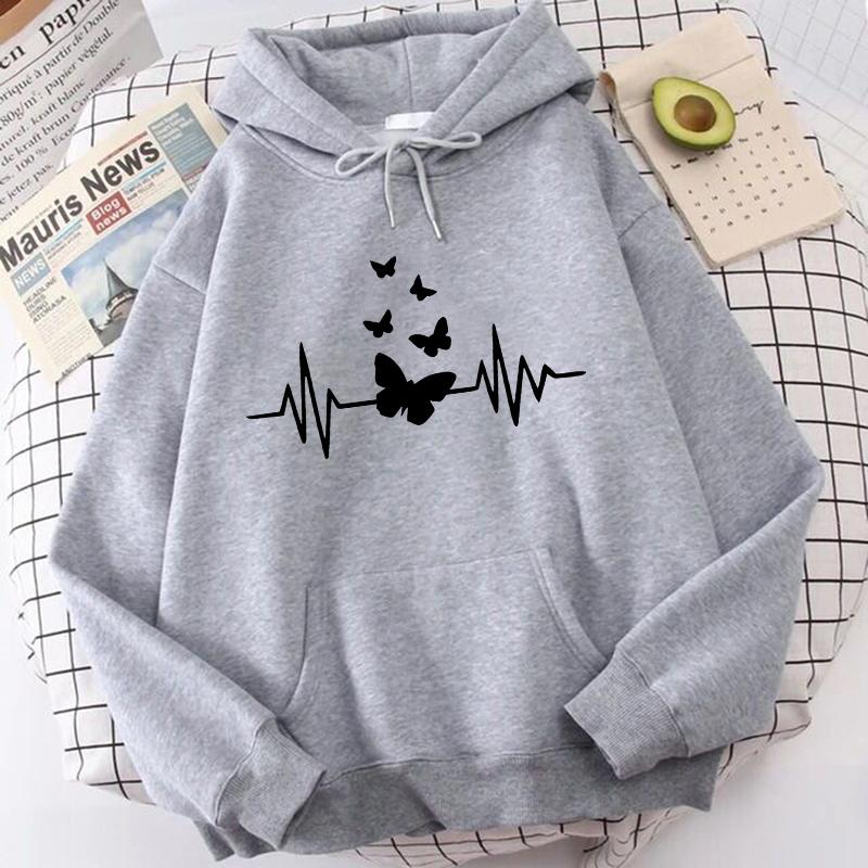 Fashion Butterfly and Heartbeat Graphic Print Kangaroo Pocket Hoodies Women's Autunm Winter Sweatshirts Hooded Clothes