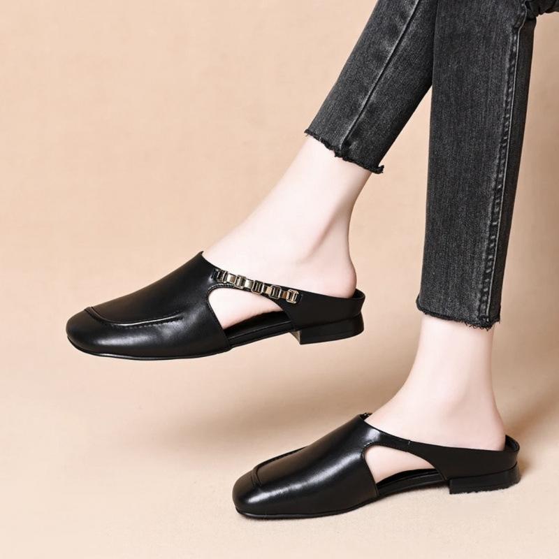 

Настоящие мягкие кожаные сумки, тапочки, модная верхняя одежда, лето, новинка, удобные, плоские, ленивые мюли, зарубежные, супермягкие женские туфли 38 чёрный