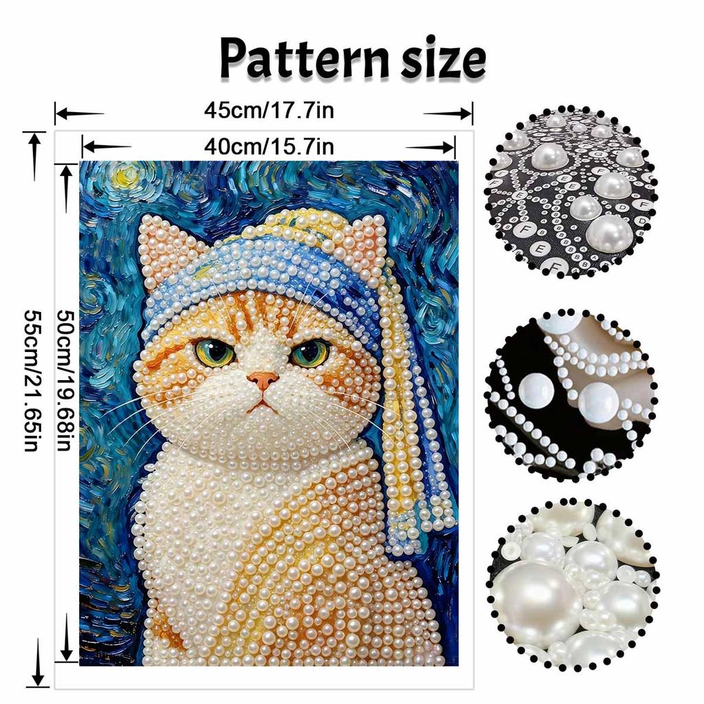 Pearl Painting DIY Kit Cute Cat Wearing Blue Hat Frameless Sparkling Bead Art Canvas Creative Home Decor Craft for Beginners