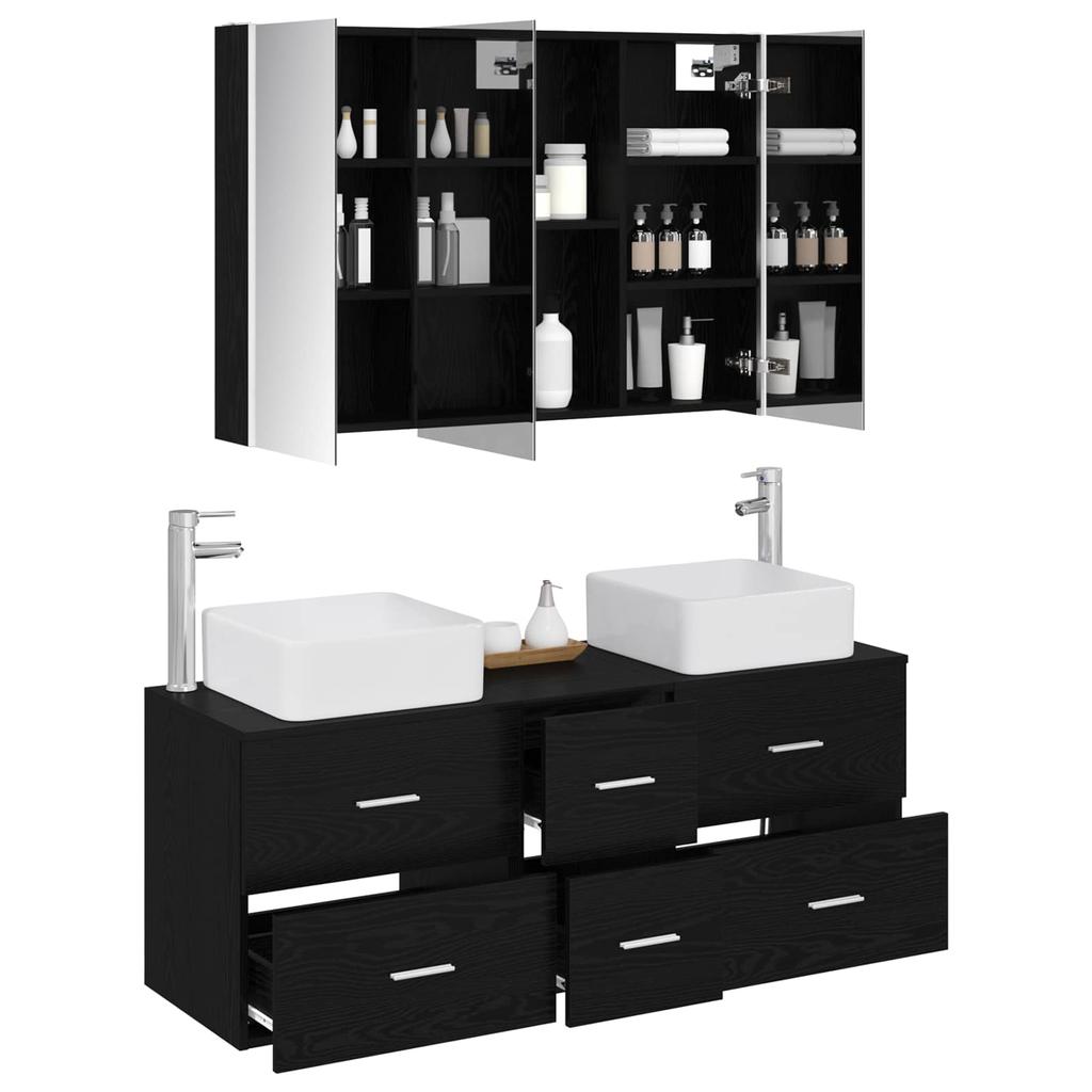 Bathroom Furniture Set 4 Pcs Black Oak Engineered Wood and Glass