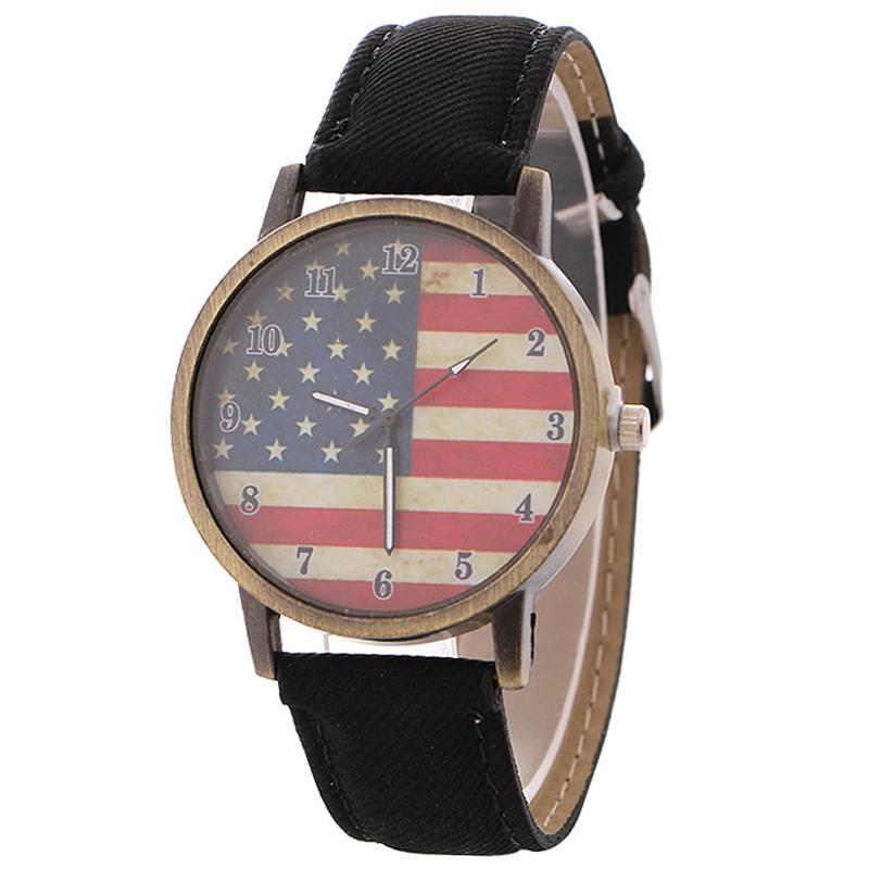 Vintage British Style Quartz Watch With Denim Band And American Flag For Unisex Casual Wear