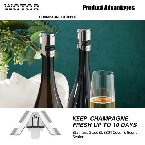 WOTOR Champagne Stopper, Stainless Steel Prosecco Bottle Stopper with Food-Grade Silicone, Reusable Champagne Cork & Saver, Leak-Proof, Keeps Champagn