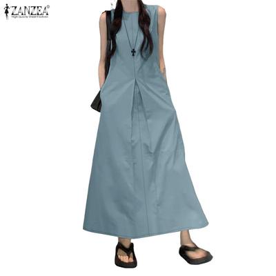 Women Casual Round Neck Sleeveless Summer Long Dress