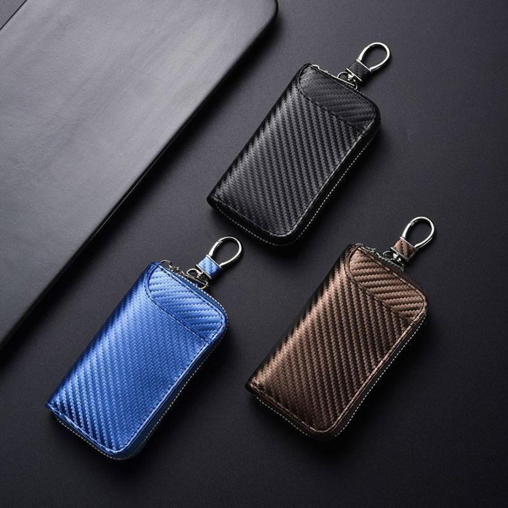 New PU Leather Keychain Bag Carbon Fiber Retro Car Key Bag Portable Mini Keys Pouch