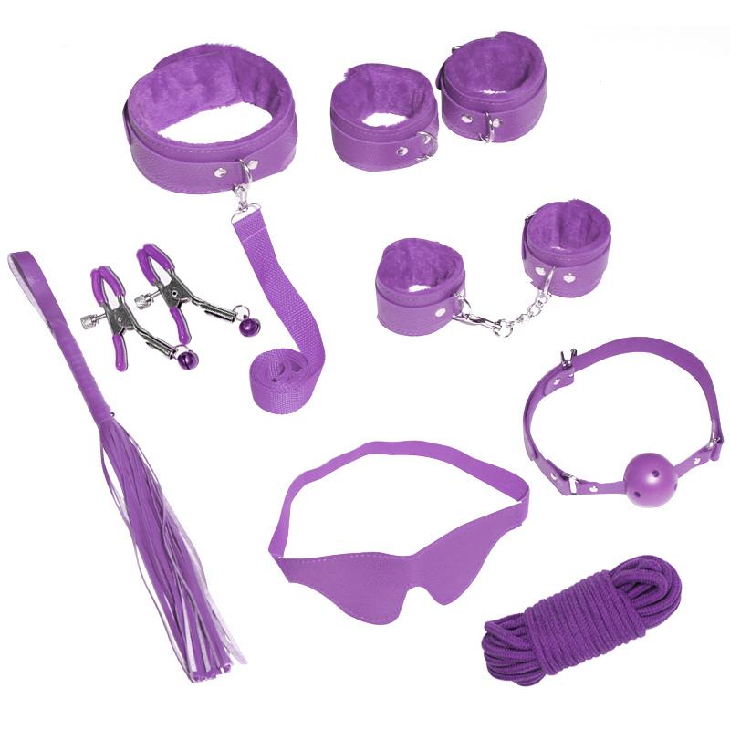 8pcs SM Sex Toy Set, Couple Sex Toys, Collars and Leashes, Handcuffs, Ankle Cuffs, Whips, Mouth Balls, Eye Masks, 10 Meter Rope, Nipple Clip Props
