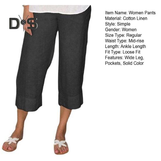 Women Pants Elastic Waist Mid-rise Wide-Leg Casual Pants with Pockets Solid Color Long Trousers Daily Wear