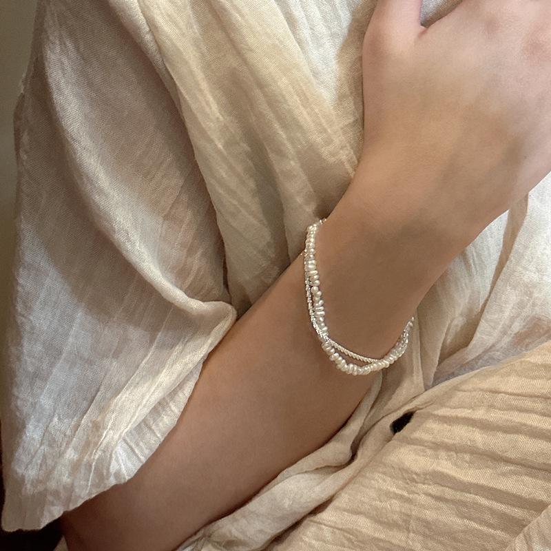 S925 Sterling Silver Double-Layer Necklace Bracelet with Pearls and Sparkling Sand