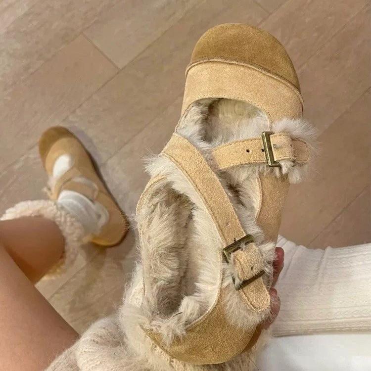 

Женские туфли на плоской подошве из меха, замши и хлопка, удобные плюшевые теплые сандалии, женская зимняя мода 2025 года, дизайнерская мода, ретро, повседневная обувь Zapatillas Mujer 40 абрикосовый