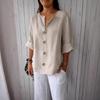 Plain Shirt for Women Women's Loose V Neck Three Quarter Sleeve T Shirt With Buttoned Classic Solid Color Commuting Tops