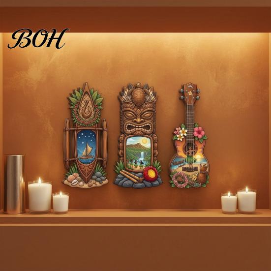Three-piece Pendant Set 3Pcs Hawaiian Tiki Wooden Wall Hanging Sign, Tropical Surf Coastal Art, Art Exquisite Plaque for Home Bar Patio Decor