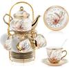 20 Pcs Porcelain Tea Set with Metal Holder and Spoon Adult Ceramic Tea Party Set European Flower Painting Teapot Cup Saucer