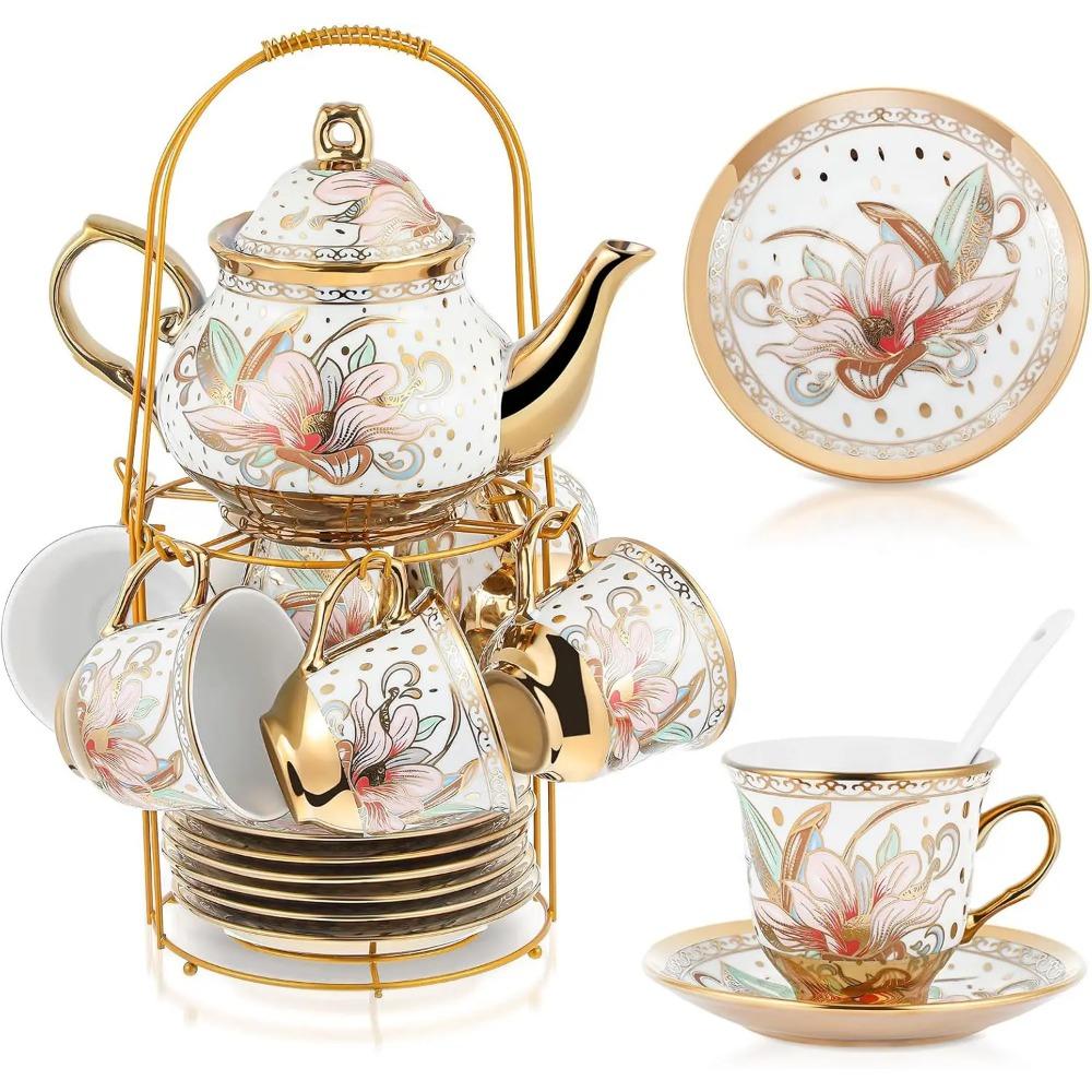 20 Pcs Porcelain Tea Set with Metal Holder and Spoon Adult Ceramic Tea Party Set European Flower Painting Teapot Cup Saucer