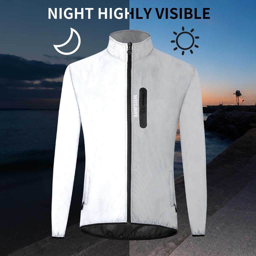 Wosawe Reflective Cycling Jacket Windproof Bike Windbreaker Night Running Breathable Outdoor Sports Coat