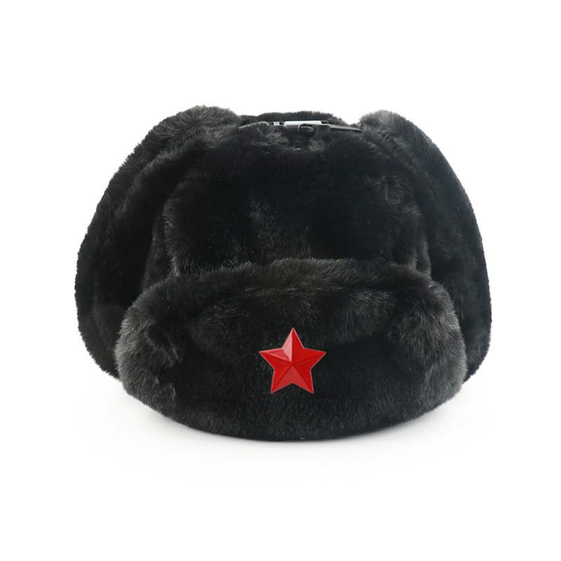 Warm Winter Military Style Earflap Hat Men Women With Embroidered Soviet Emblem Faux Fur Lined Outdoor Cap