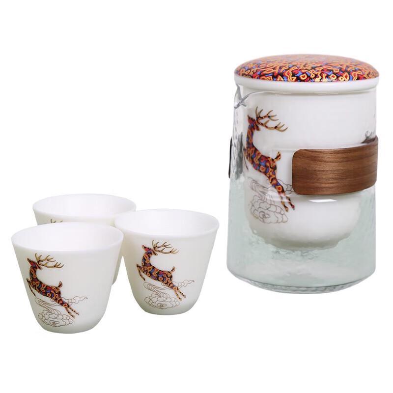 Guozi Deer Motif Mutton Fat Jade Portable Tea Set