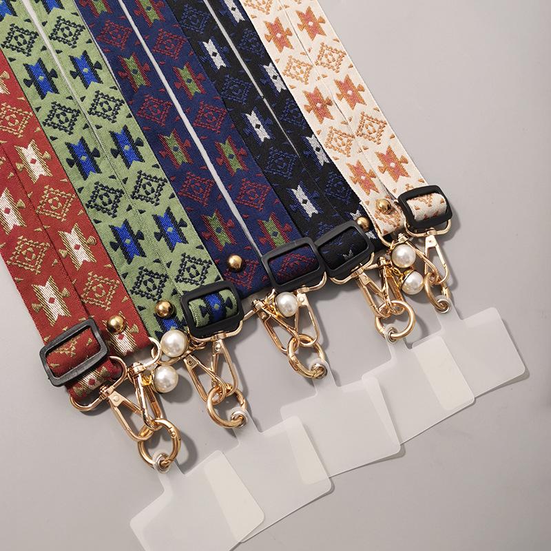 Mobile phone lanyard Long crossbody with shoulder back Ethnic style pearl pendant Retro pattern Adjustable neck wide cloth belt