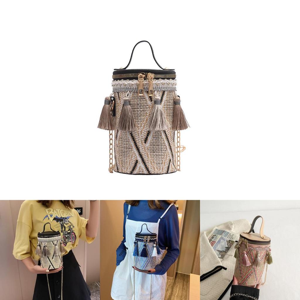 Bohemian Round Shoulder Bag With Tassels And Polyester Lining For Casual Outings