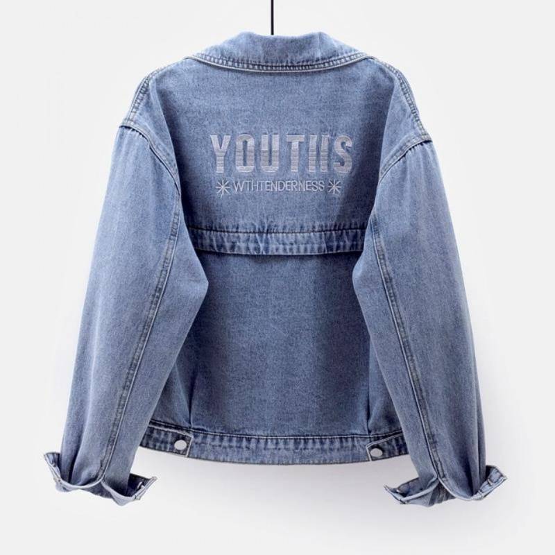 Embroidered Denim Women Spring Autumn Casual Long Sleeve Short Jacket Streetwear Loose Outerwear Plus Size