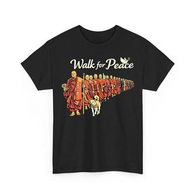 T-shirt Unisex Retro Minimalista Zen Art Monaci con Cane Aloka per la Pace