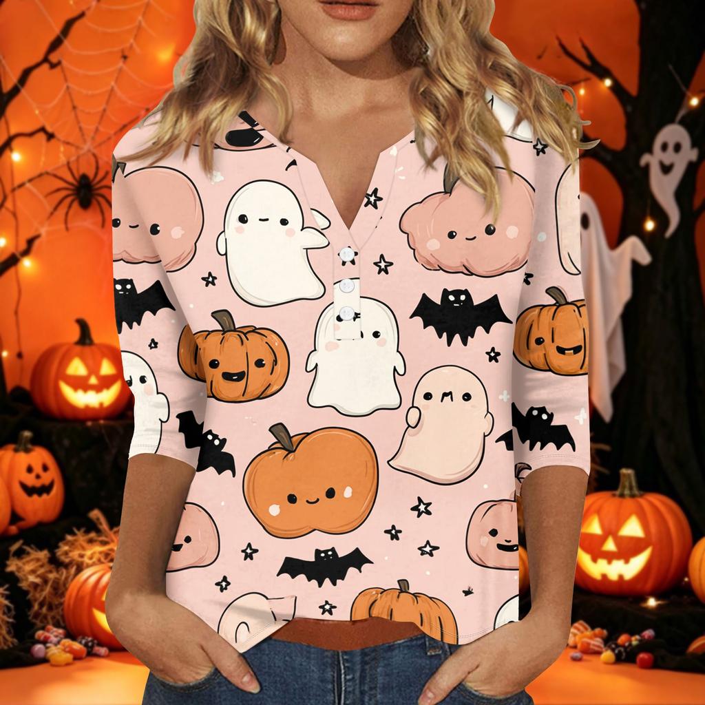 Women's Halloween Print V-Neck Short Sleeve T-Shirt with Decorative Buttons for Casual Fall Outfits