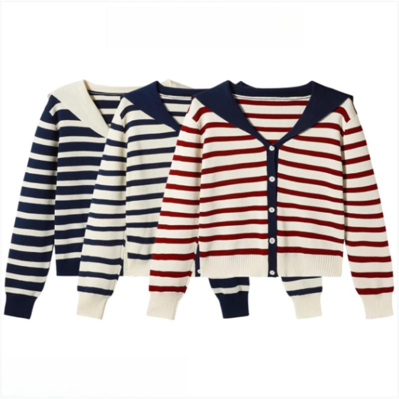 A New Autumn Knitted Cardigan for Women with A Contrasting Color Navy Collar and Stripes, Making Them Look Slimmer