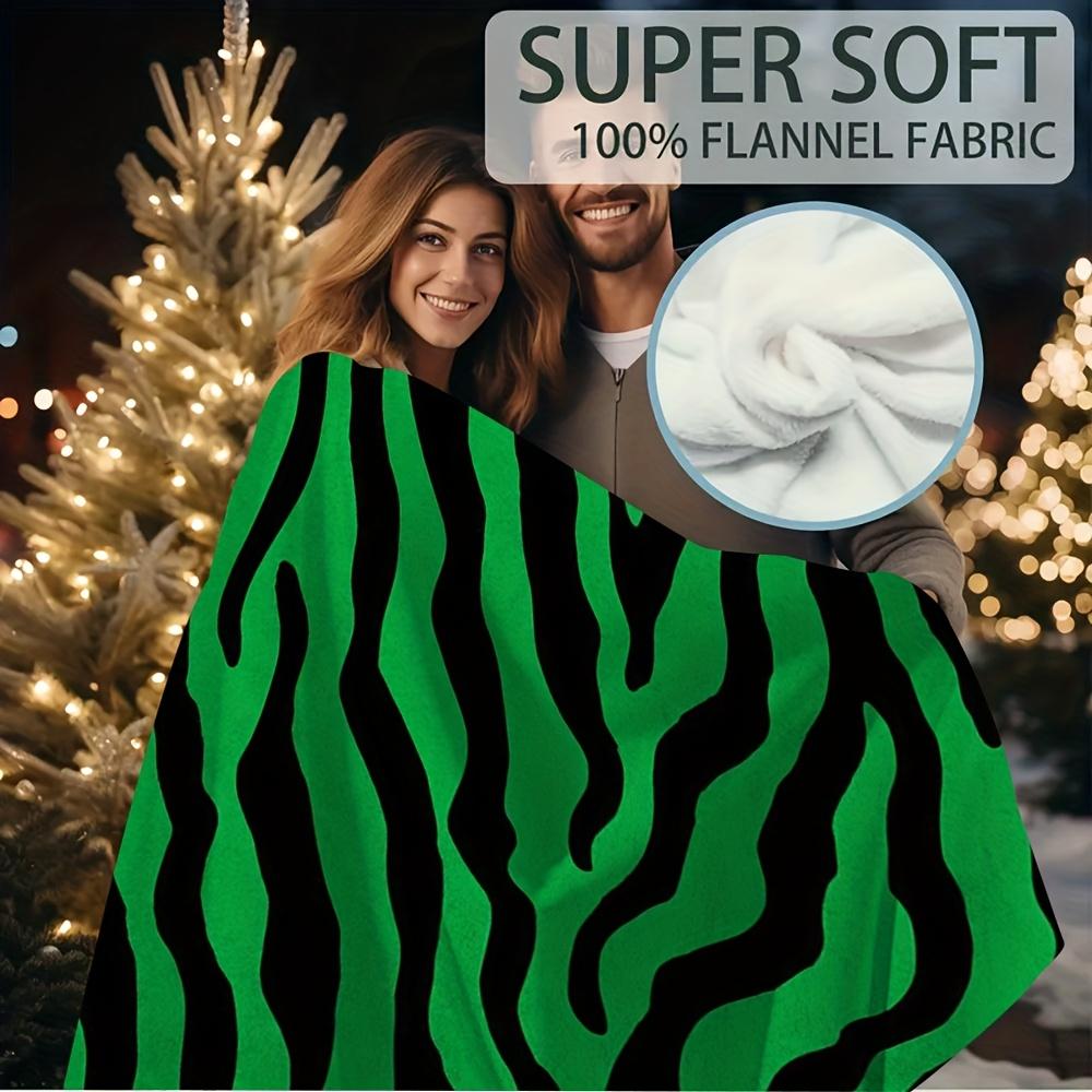 1Pc Soft Single-Sided Printed Blanket 60X80 Inch - Black & White Zebra Stripes On Green Background, High Thread Count