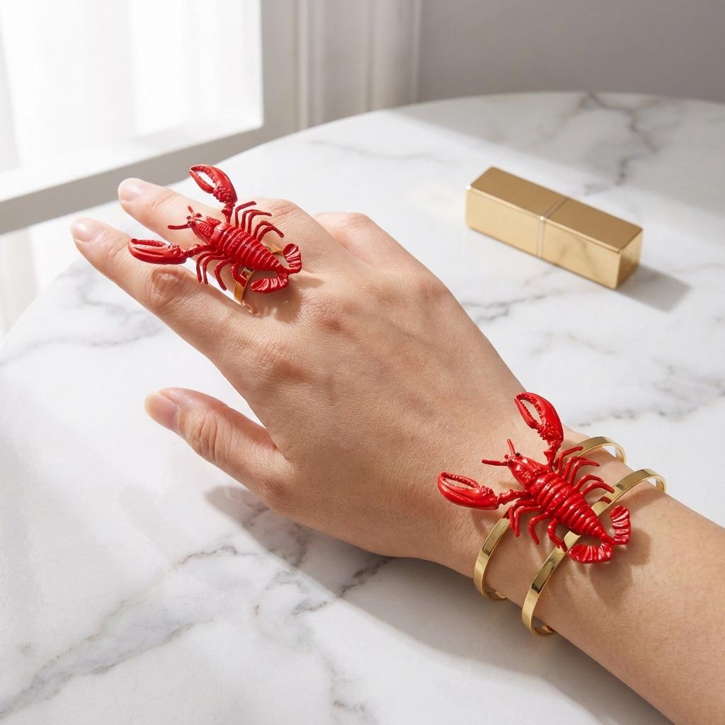 Creative New Exaggerated Lobster Bracelet and Ring Set, Seaside Vacation Style Imitation Pattern Jewelry