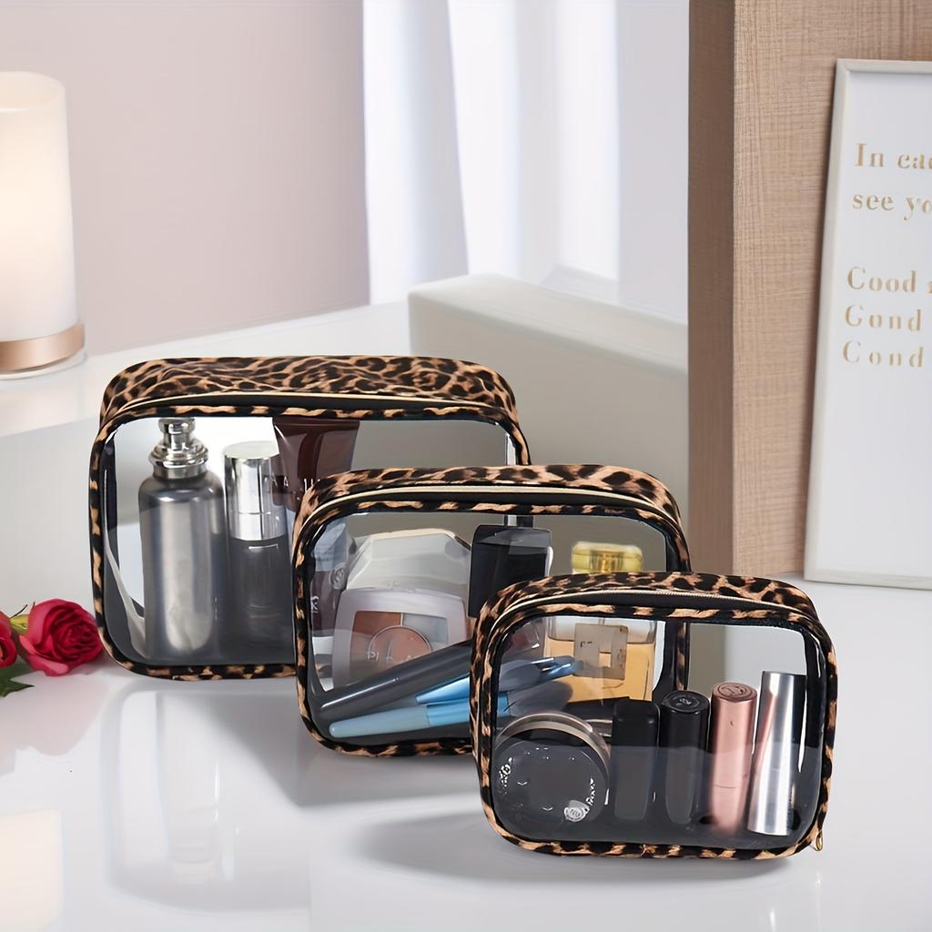 Multi-Compartment Leopard Print Toiletry Bag, Clear Top Design, Durable Travel Storage Pouch for Cosmetics & Electronics