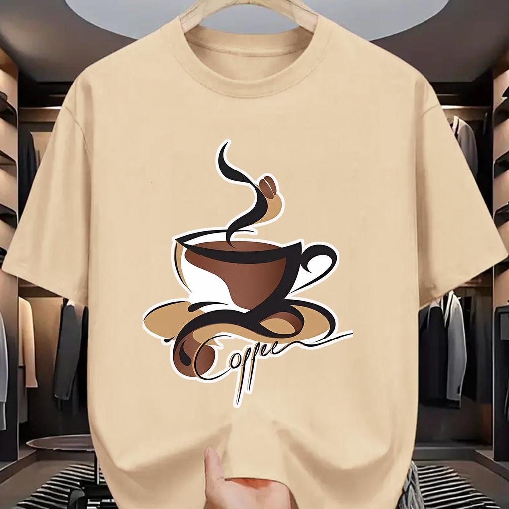 2026 New Arrival Unisexs Coffee Cup Pattern Tshirt  Breathable 100 Pure Cotton Printed Shortsleeve Crew Neck Casual Style