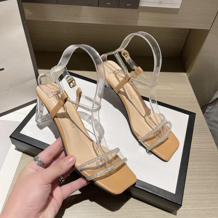 

Rhinestone one-word buckle with open-toed stiletto sandals female 2025 summer new fairy wind side empty high heels foreign trade 34 абрикосовый