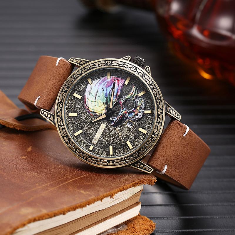UTHAI BK149 Fashionable Waterproof Man Watch Skull Quartz Watch Calendar Retro Student Watch Fashion Clock Gift Watches for Man
