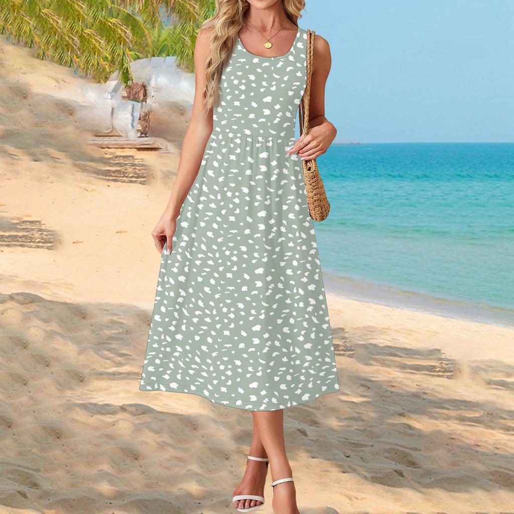 Ärmelloses Maxikleid mit Blumenprint für Damen, lässiger lockerer Schnitt, Sommer-Maxikleid mit Taschen, Rundhalsausschnitt