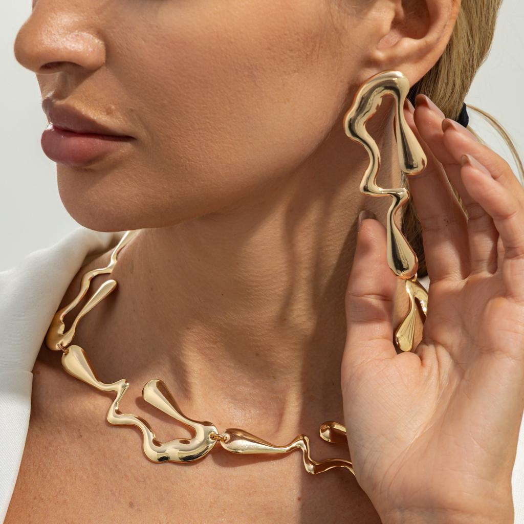 Ingemark Minimalism Irregular Water Drop Chokers Necklace Earrings for Women Punk Gold Color Metal Jewelry Set New Accessories