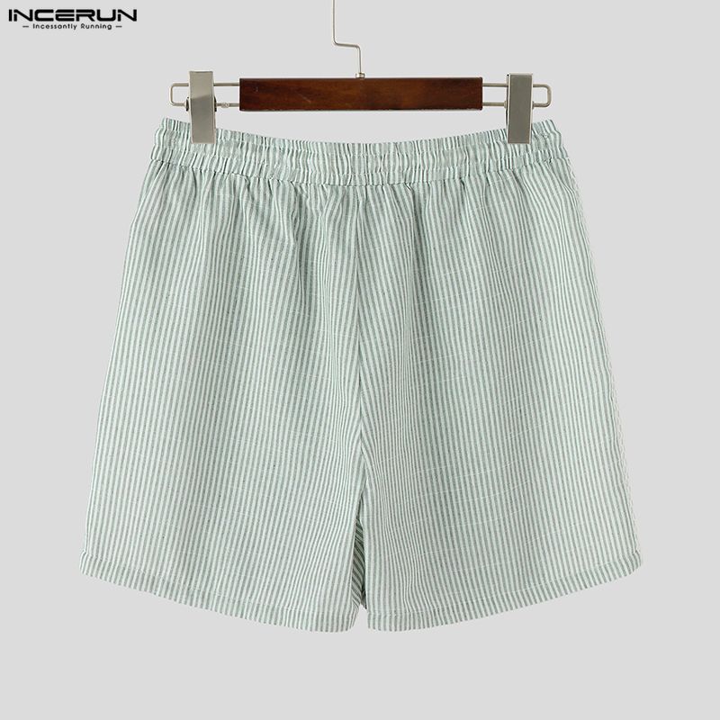 INCERUN Men Drawstring Elastic Waist Striped Hollow Beach Sports Shorts Pants