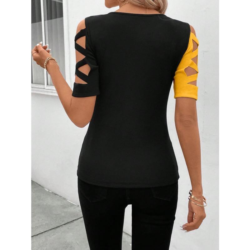 Women's Fashion Casual Summer Spring Colour Block Print Short Sleeve O-Neck Blouses & Shirts