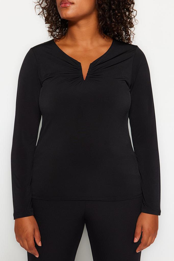  Women's Plus Size Blouse Black V-Neck Sandy Knitted Blouse