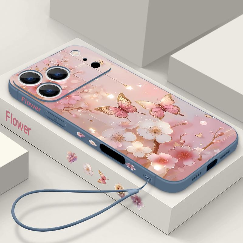 Dream Butterfly Floral Pattern Lanyard Case For iPhone 17 Pro Max Soft Silicone Cover For iPhone 16 Pro Max Funda iPhone 15 14 13 12 11 16E