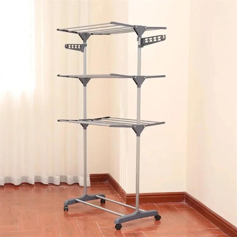 Drying Clothes Rack Folding Multi Functional Stainless Steel 3-Layer Household Floor Type Drying Racks Mobile Coat Storage Shelf